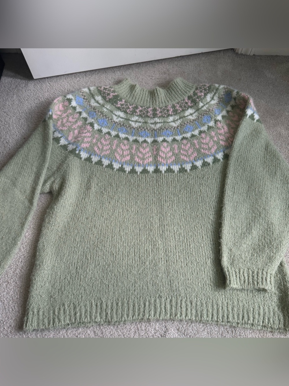 Vintage Venezia Green Fair Isle Mock Neck Turtleneck Knit Sweater